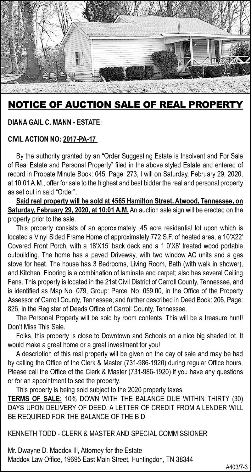 Notice of Auction Sale of Property MANN The Mckenzie Banner